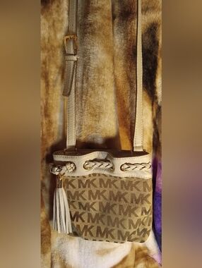 Michael Kors Taupe and Beige MK Monogram Crossbody with Tassel EUC